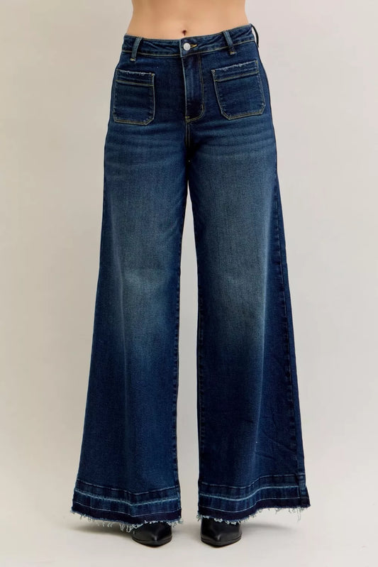 Shop Judy Blue High Waist Palazzo Jeans with Front Patch Pockets at In Style Chics Boutique 