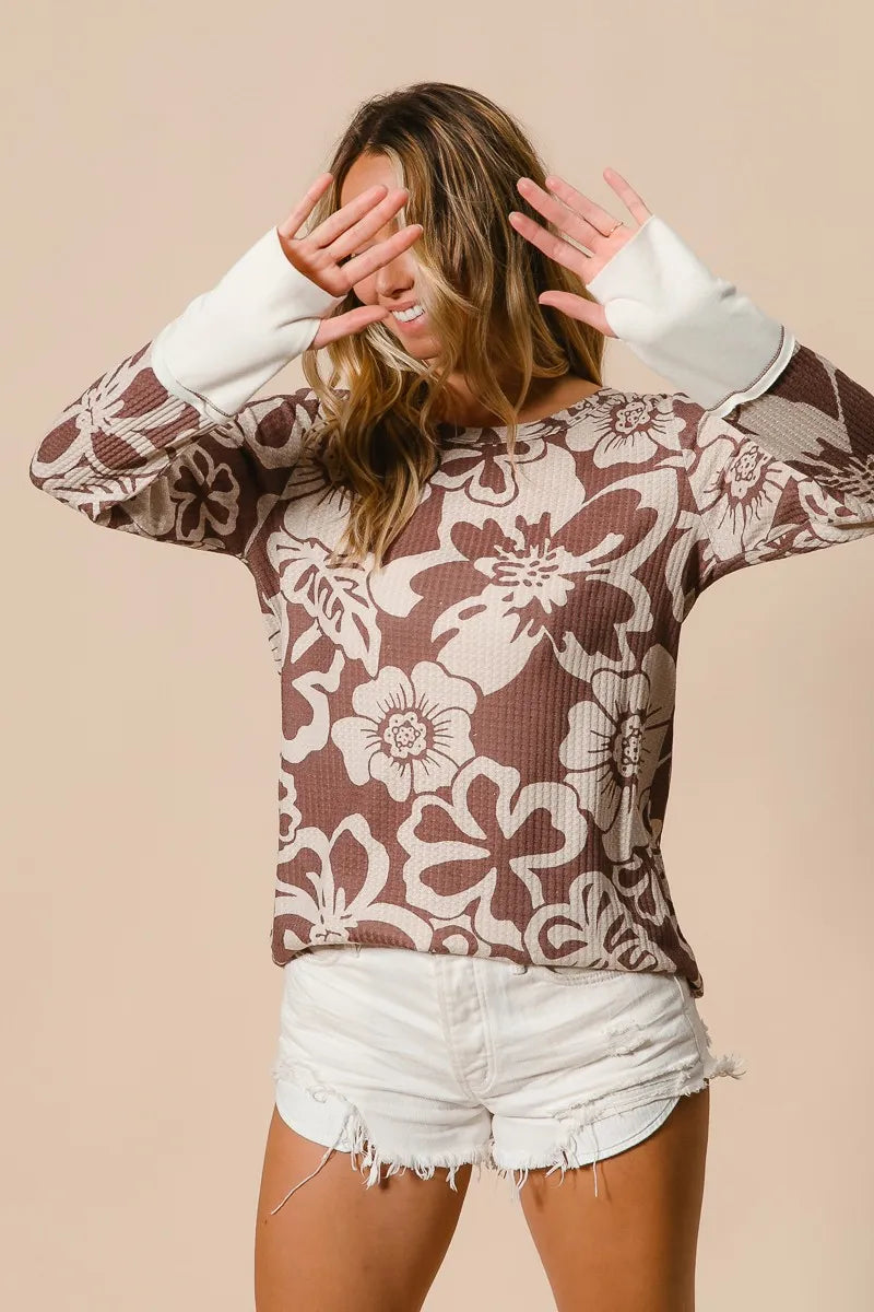 Flower Printed Waffle Thumb Opening Top at In Style Chics Boutique 