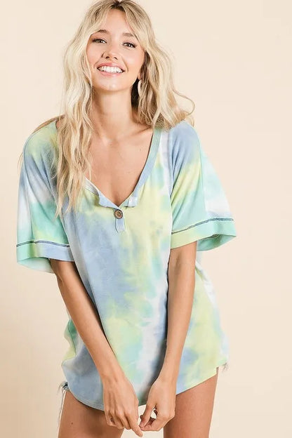 Tie Dye French Terry Top With Buttoned Placket - In Style Chics Boutique 