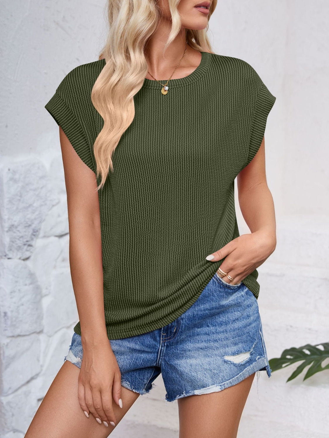 Textured Round Neck Cap Sleeve Blouse - More Colors! - In Style Chics Boutique LLC