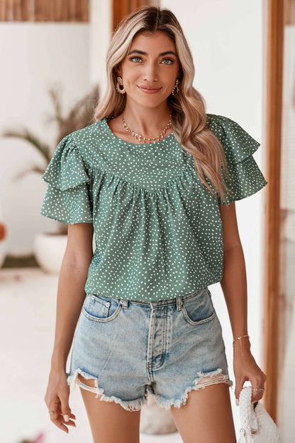 Laurel Green Spotted Print Pleated Ruffle Sleeve Blouse - In Style Chics Boutique Online Clothing Women's Juniors Free Shipping