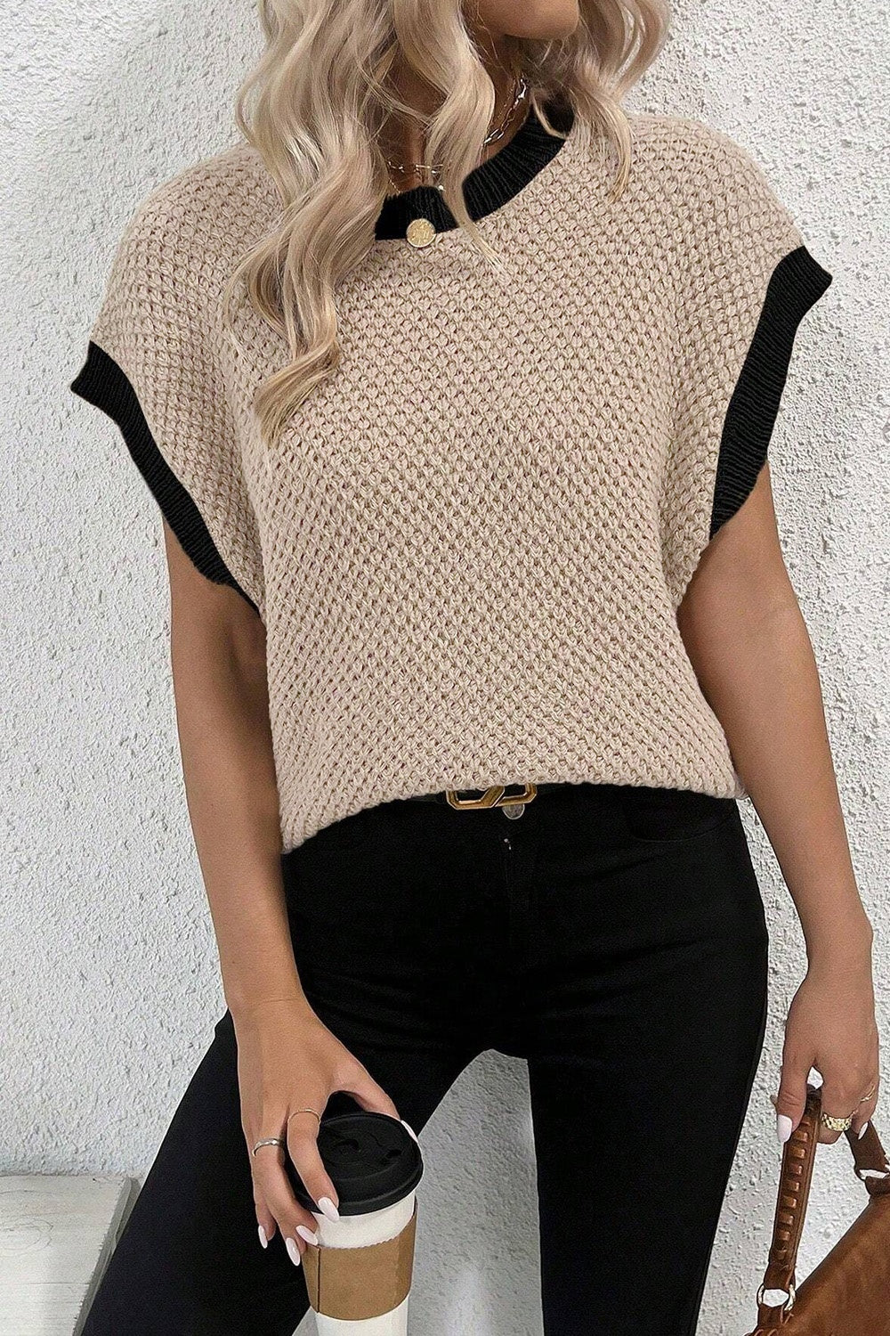 Contrast Round Neck Cap Sleeve Knit Top - In Style Chics Boutique LLC