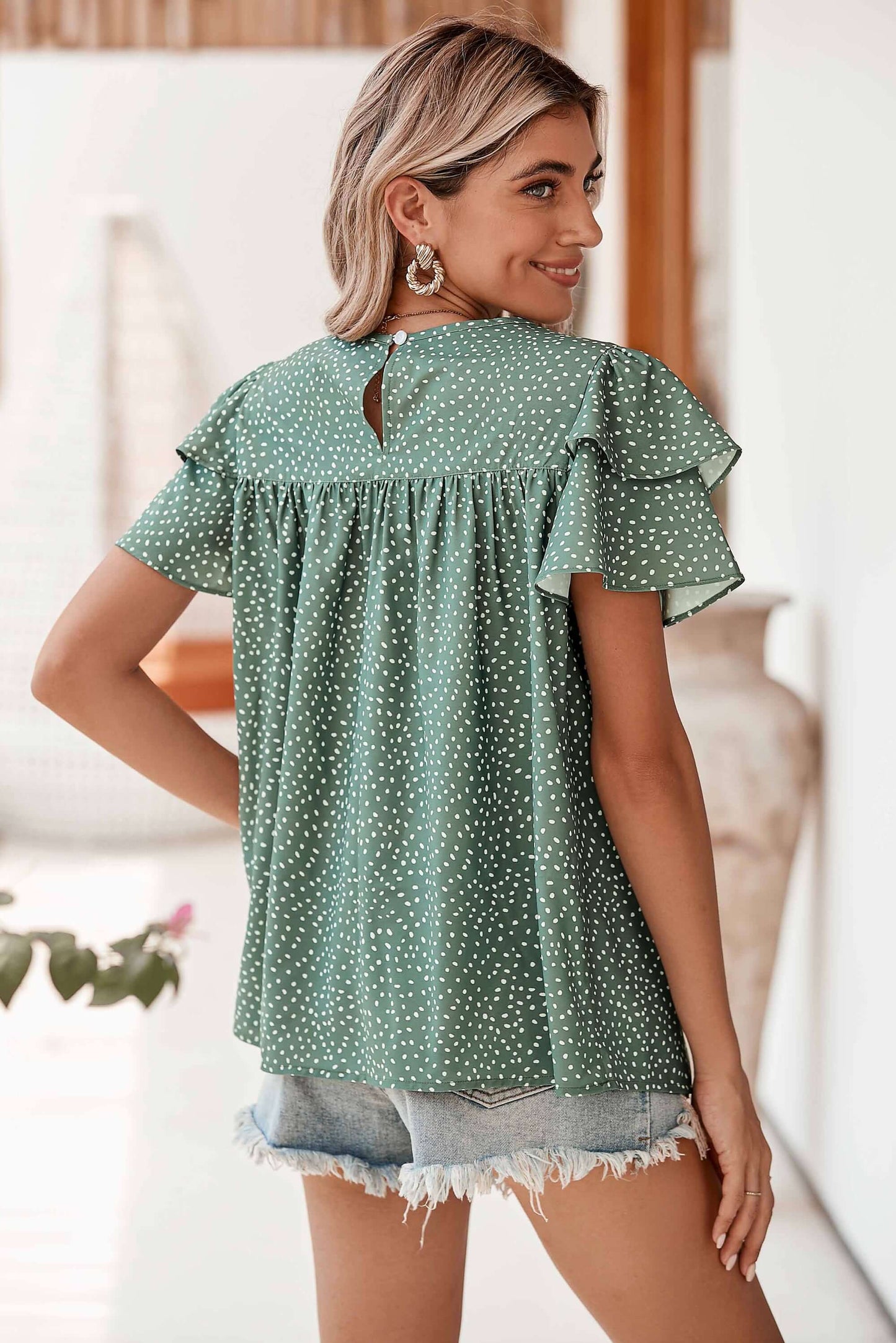 Laurel Green Spotted Print Pleated Ruffle Sleeve Blouse - In Style Chics Boutique Online Clothing Women's Juniors Free Shipping