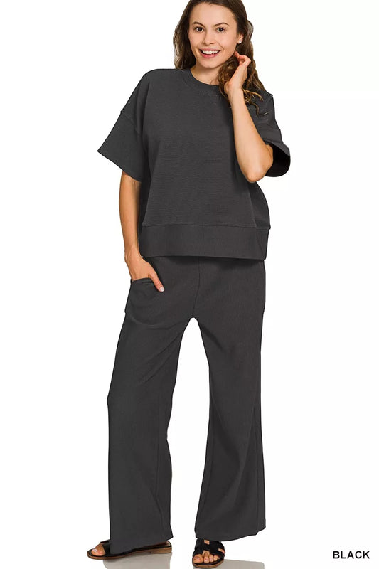 Ribbed Round Neck Tee & Pants Set at In Style Chics Boutique 