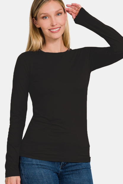 Zenana Ful Size Brushed Microfiber Long Sleeve Round Neck T-Shirt