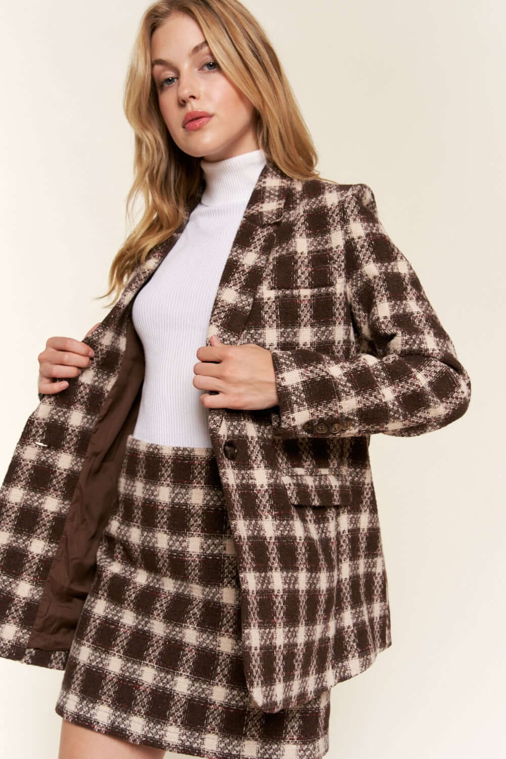 And The Why Full Size Plaid Brushed One Button Blazer - In Style Chics Boutique LLC