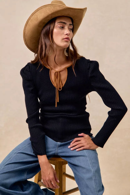 Ribbed Contrast Front Tied 🖤 Top with Shirred Detail at In Style Chics Boutique 