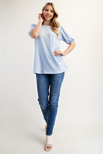 Gingham Print Top With Puff Sleeves Made in USA- In Style Chics Boutique Online Clothing 