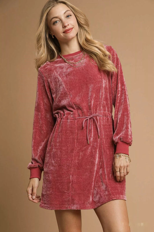 Velour Drawstring Mini Dress with Long Sleeves at In Style Chics Boutique 