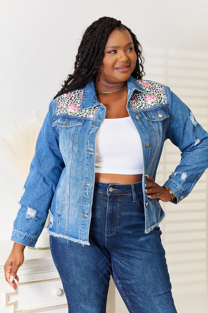 Baeful Leopard Floral Distressed Raw Hem Denim Jacket - In Style Chics Boutique LLC