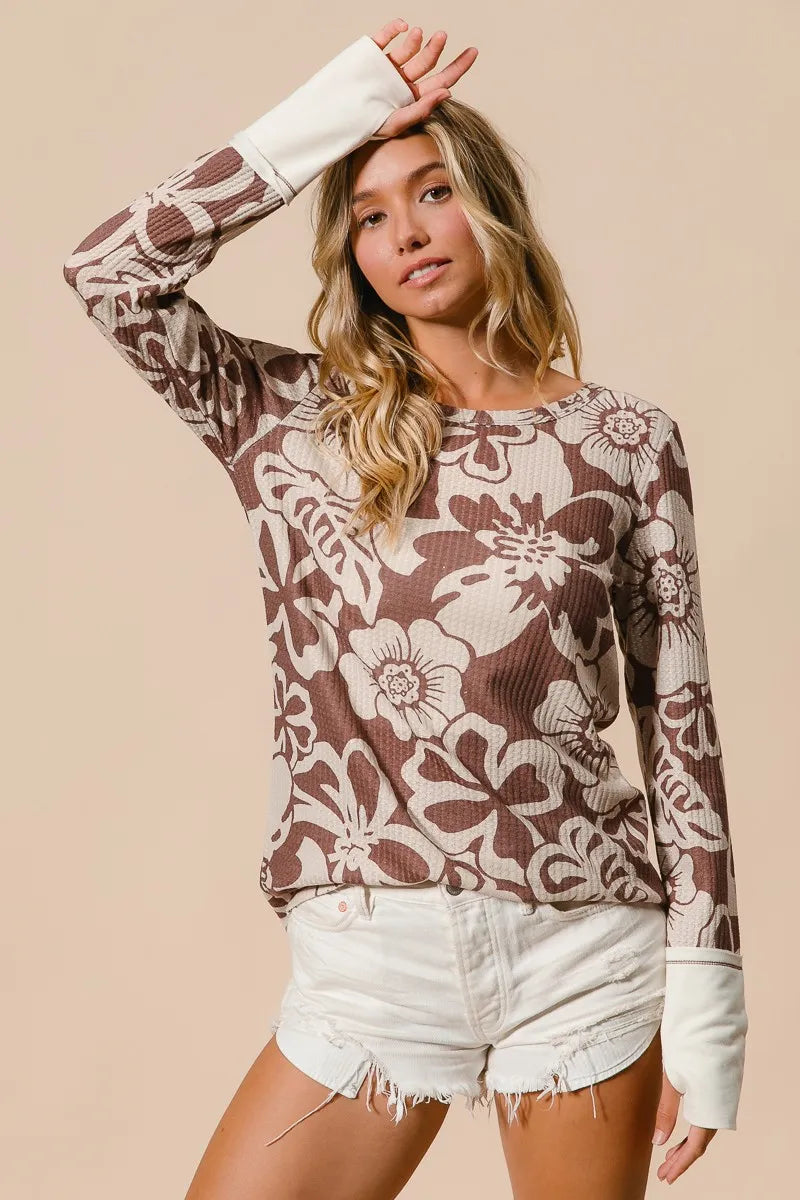 Flower Printed Waffle Thumb Opening Top at In Style Chics Boutique 