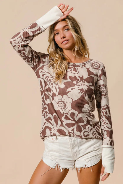 Flower Printed Waffle Thumb Opening Top at In Style Chics Boutique 