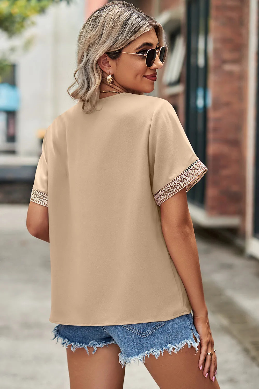 Openwork V-Neck Short Sleeve T-Shirt - In Style Chics Boutique 