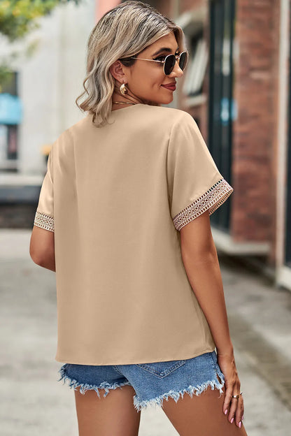 Openwork V-Neck Short Sleeve T-Shirt - In Style Chics Boutique 