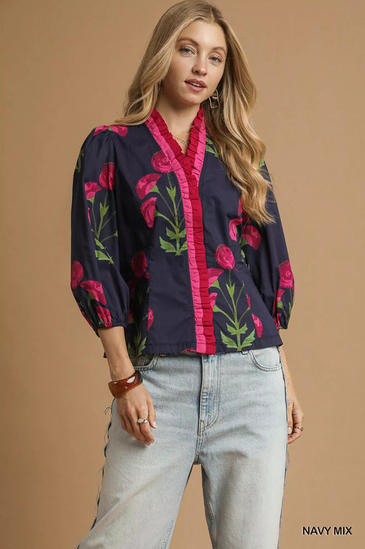 Floral Print Blouse, Ruffle Trim Puff Sleeve at In Style Chics Boutique 