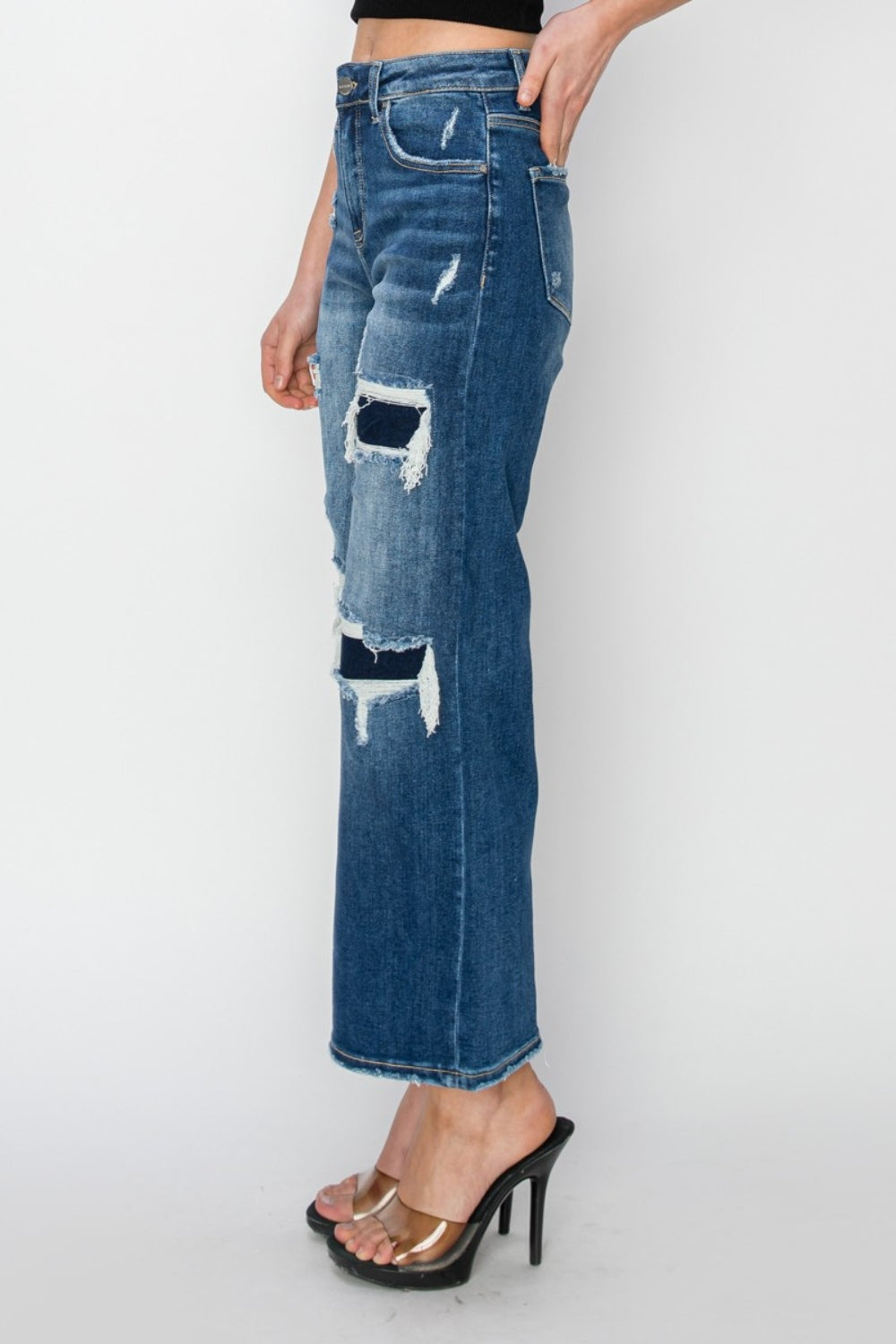 Risen Full Size High Rise Patch Detailed Wide Leg Crop Jeans - In Style Chics Boutique LLC