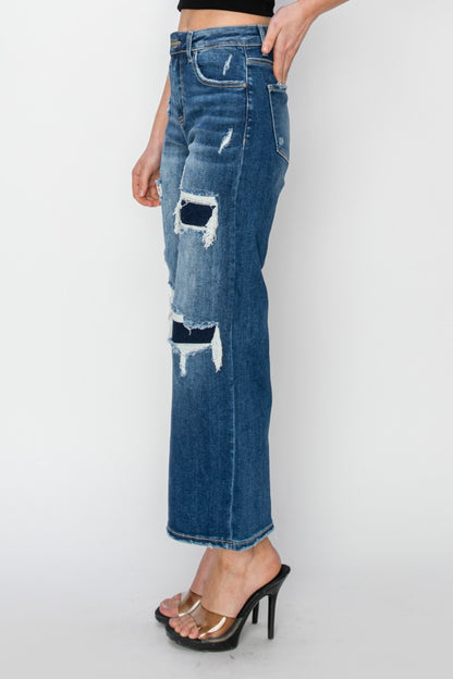 Risen Full Size High Rise Patch Detailed Wide Leg Crop Jeans - In Style Chics Boutique LLC