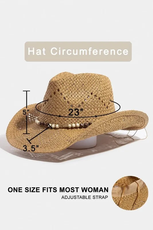 Mixed Beaded Strap Western Fedora Straw Hat