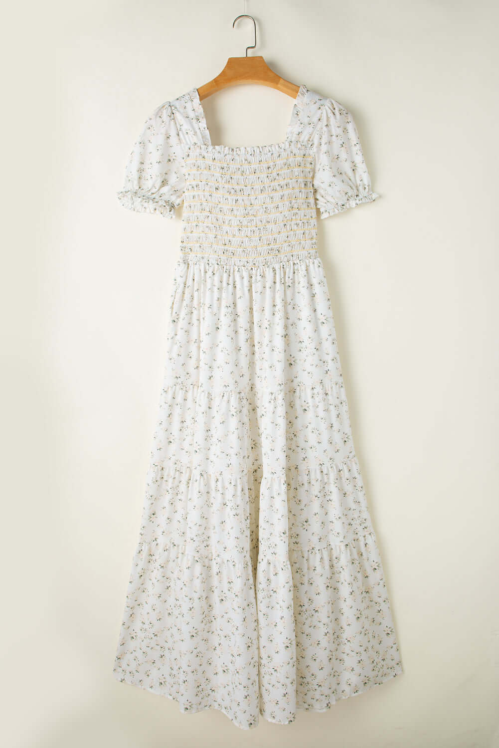 White Frill Neckline Shirred Bodice Floral Maxi Dress - In Style Chics Boutique Online Clothing Women's Juniors Apparel 