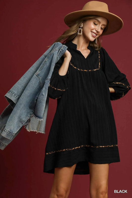 Textured Babydoll Dress with Leopard Trim at In Style Chics Boutique 