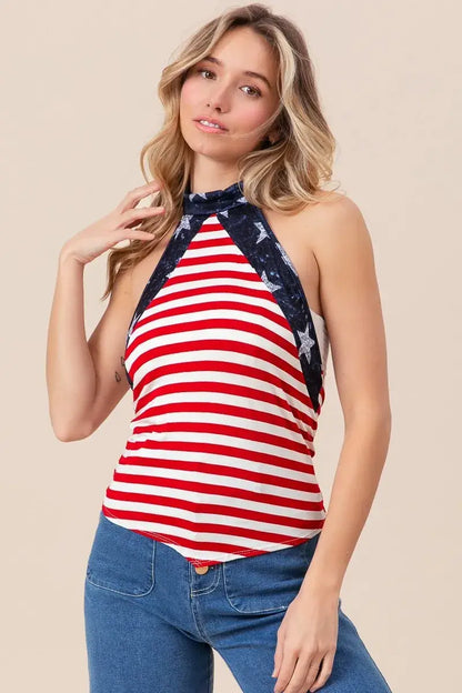Stripe Jersey with Star Halter Neck with Tie Back - Memorial Day - Fourth of July - In Style Chics Boutique Women's Juniors Apparel Online 