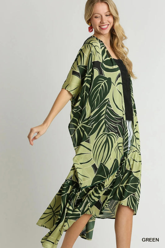 Satin Tropical Print Open Front Kimono with Ruffle Details at In Style Chics Boutique 