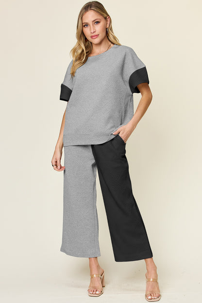 Double Take Full Size Texture Contrast T-Shirt and Wide Leg Pants Set - More Colors! - In Style Chics Boutique LLC