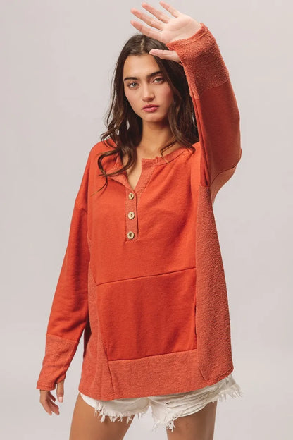 French Terry Knit Side Block Buttoned Henley Top at In Style Chics Boutique 