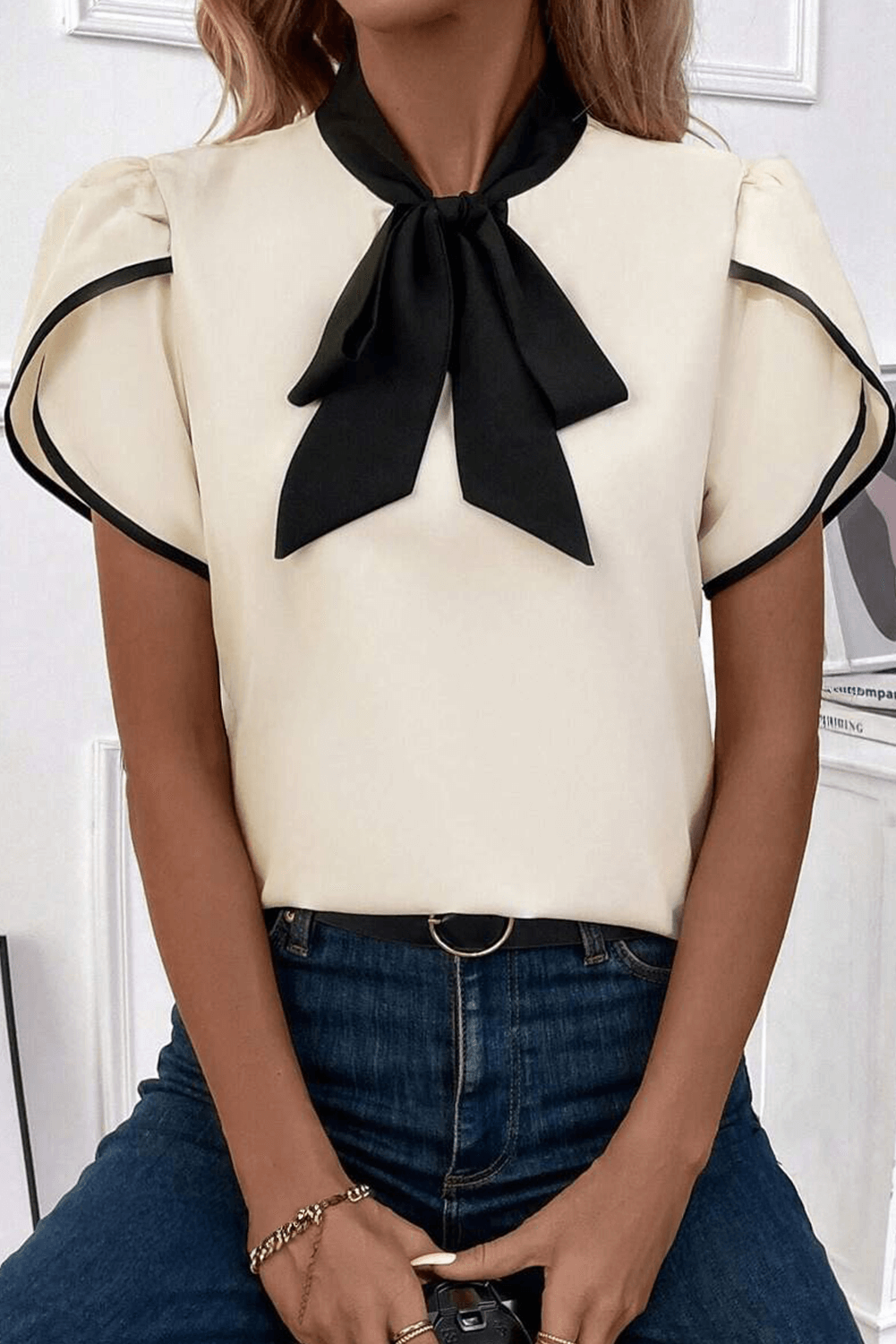 White Elegant Bowknot Neck Tulip Sleeve Blouse - In Style Chics Boutique Online Clothing Women's Juniors Free Shipping