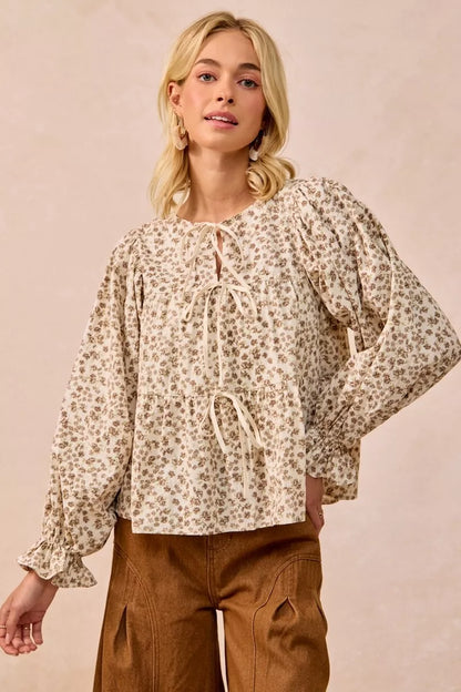 Floral Printed Peplum Blouse with Shirring and Tied at In Style Chics Boutique 