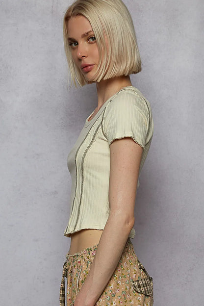 Crop T-Shirt with Contrast Stitching Round Neck  - In Style Chics Boutique 