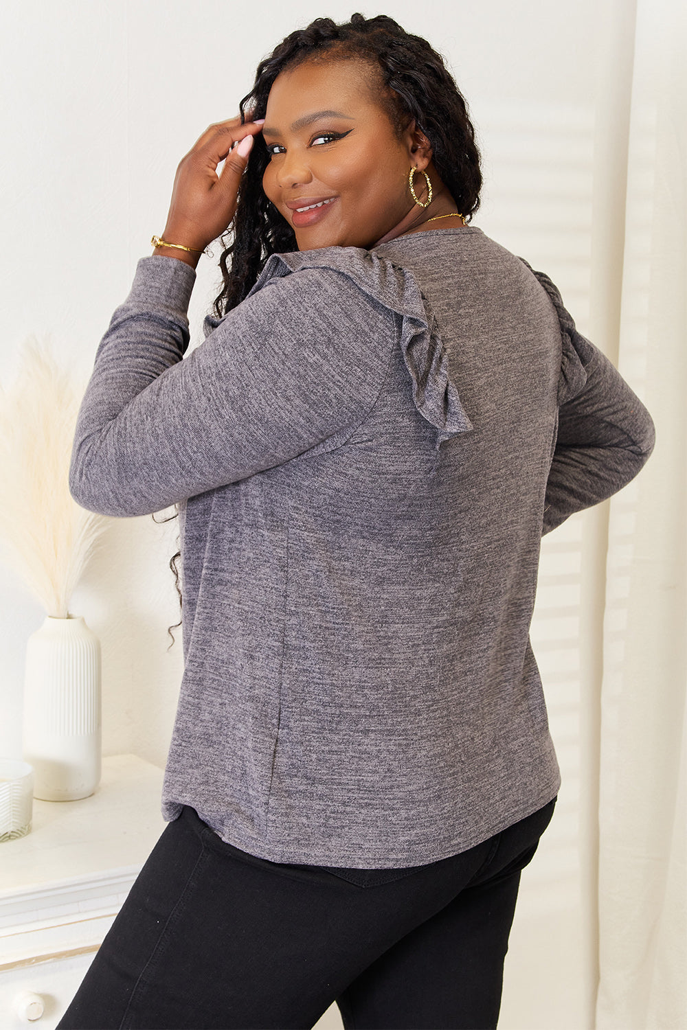 Square Neck Ruffle Shoulder Long Sleeve T-Shirt Shop Deals at In Style Chics Boutique 