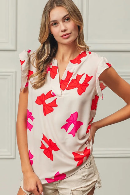 Bow Printed Woven Ruffled Sleeves V Neck Top at In Style Chics Boutique 
