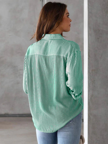 Striped Collared Neck Shirt with Pocket - In Style Chics Boutique LLC