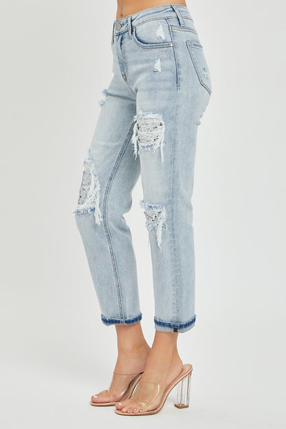 RISEN Mid-Rise Sequin Patched Jeans - In Style Chics Boutique LLC