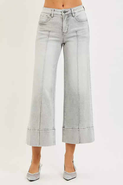 RISEN Tummy Control Mid Rise Crop Wide Pintuck Front Jeans