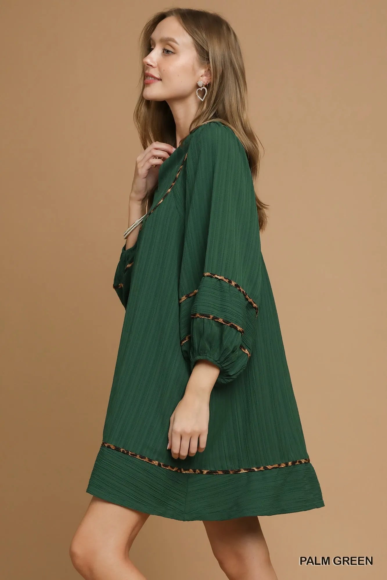 Textured Babydoll Dress with Leopard Trim at In Style Chics Boutique 