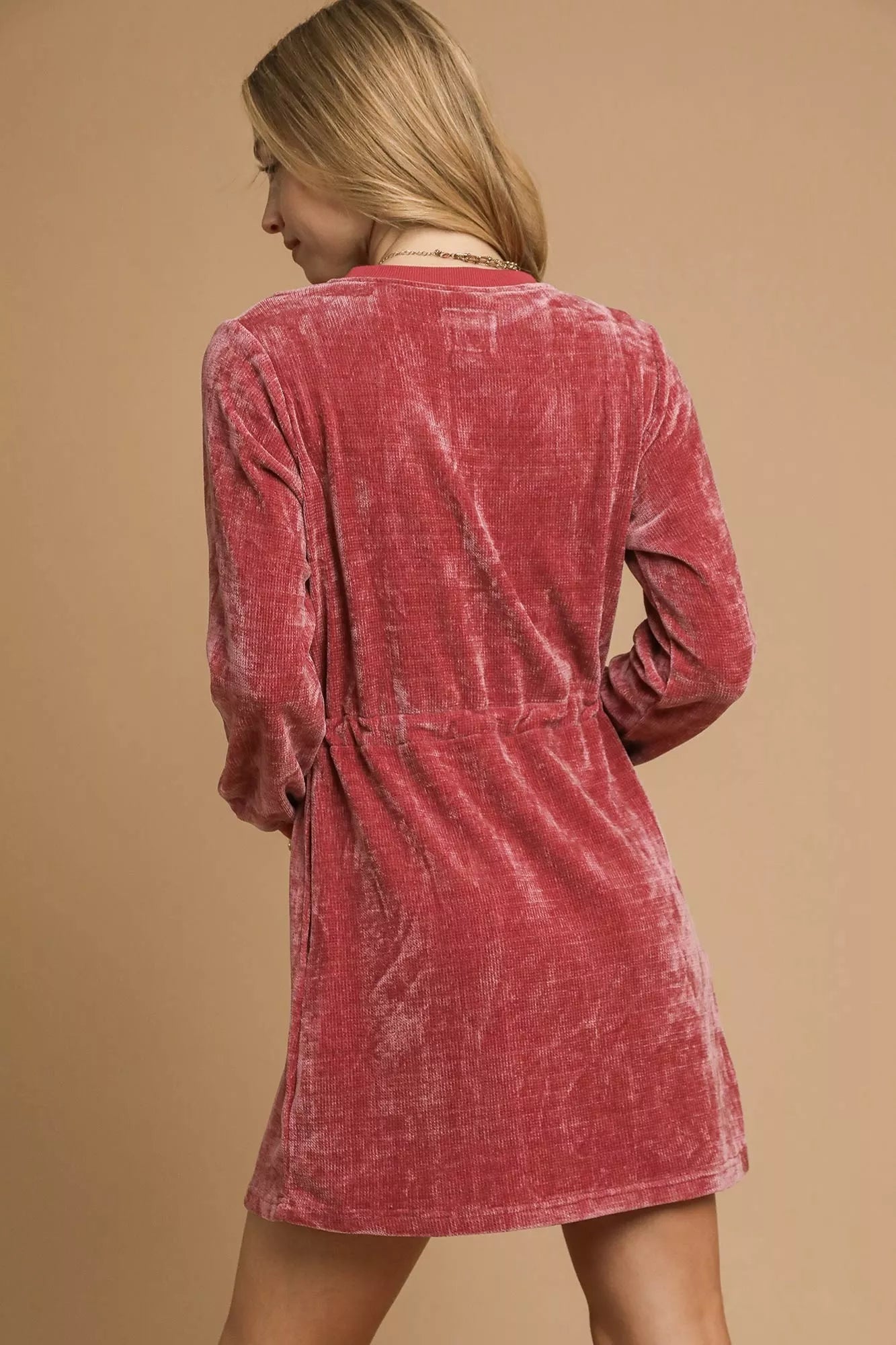 Velour Drawstring Mini Dress with Long Sleeves at In Style Chics Boutique 