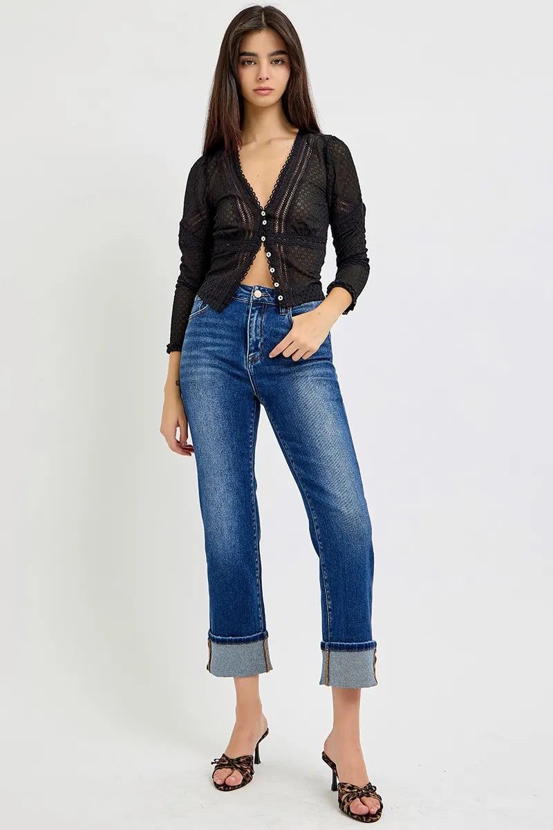 RISEN High Rise Ankle Straight Cuffed Jeans - In Style Chics Boutique Womens Jeans Plus Size Jeans 