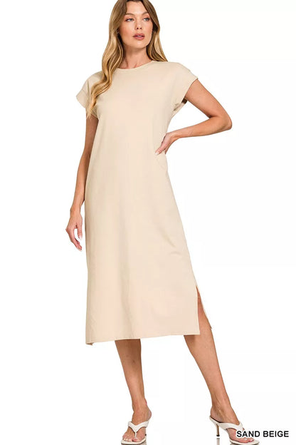Midi Dress in Sand Beige with Round Neck and Side Slit at In Style Chics Boutique 