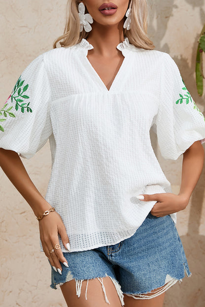 Embroidered Notched Half Sleeve Blouse - In Style Chics Boutique LLC