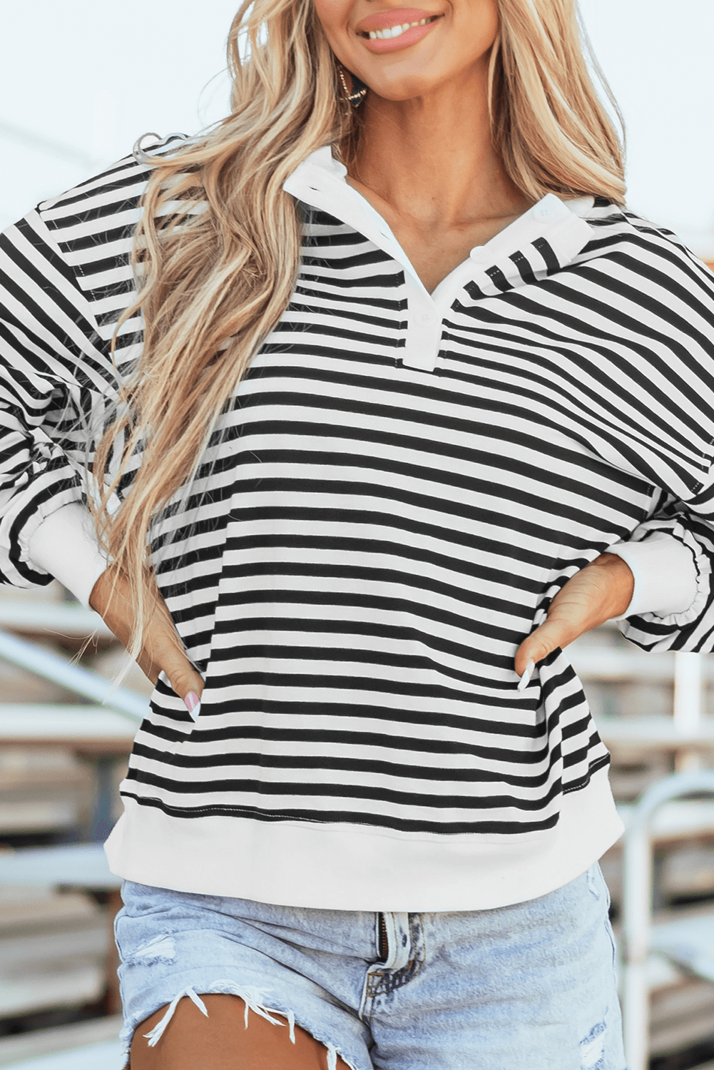 White Stripe Buttoned Crew Neck Oversized Sweatshirt - In Style Chics Boutique 