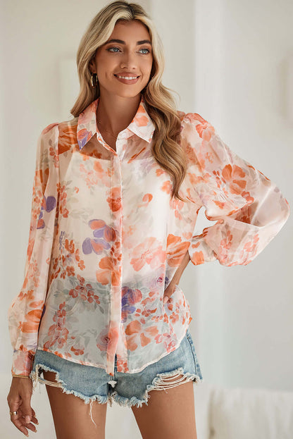 White Floral Print Buttoned Balloon Sleeve Loose Shirt - In Style Chics Boutique Cute Clothes Online Women's Juniors 