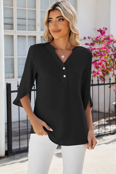 Women's Notched Half Button T-Shirt - In Style Chics Boutique Online Clothing 