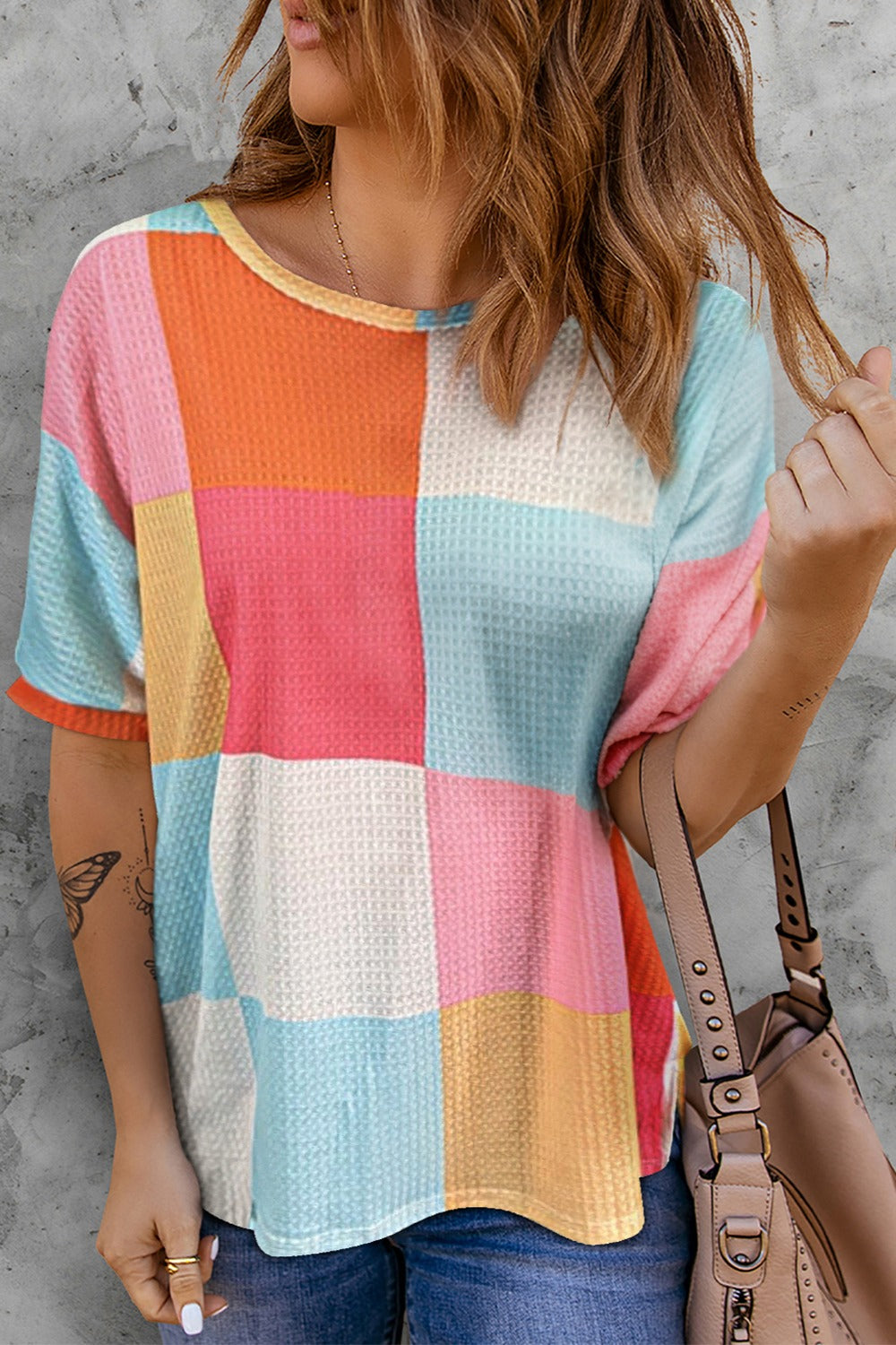 Color Block Round Neck Half Sleeve Top for Women - In Style Chics Boutique LLC