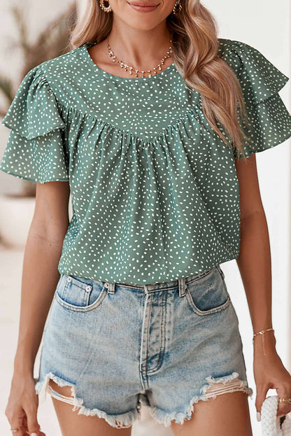 Laurel Green Spotted Print Pleated Ruffle Sleeve Blouse - In Style Chics Boutique Online Clothing Women's Juniors Free Shipping