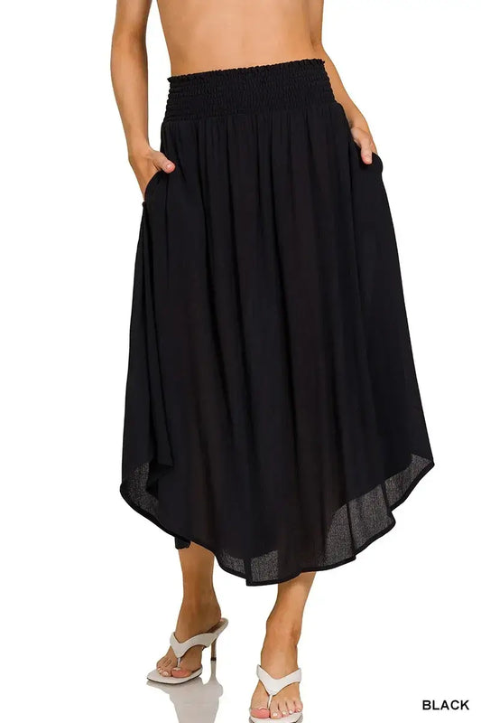 Black Maxi Skirt with Pockets, Smocked Waist-Woven Crinkle