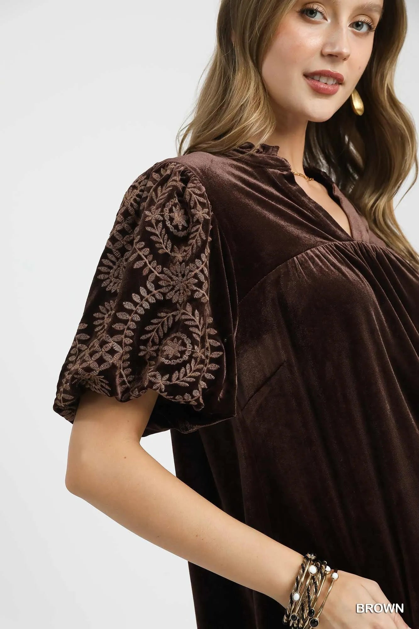 Velvet Embroidered Sleeve Blouse at In Style Chics Boutique 