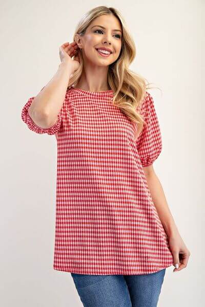 Women's Gingham Print Top With Puff Short Sleeves - In Style Chics Boutique