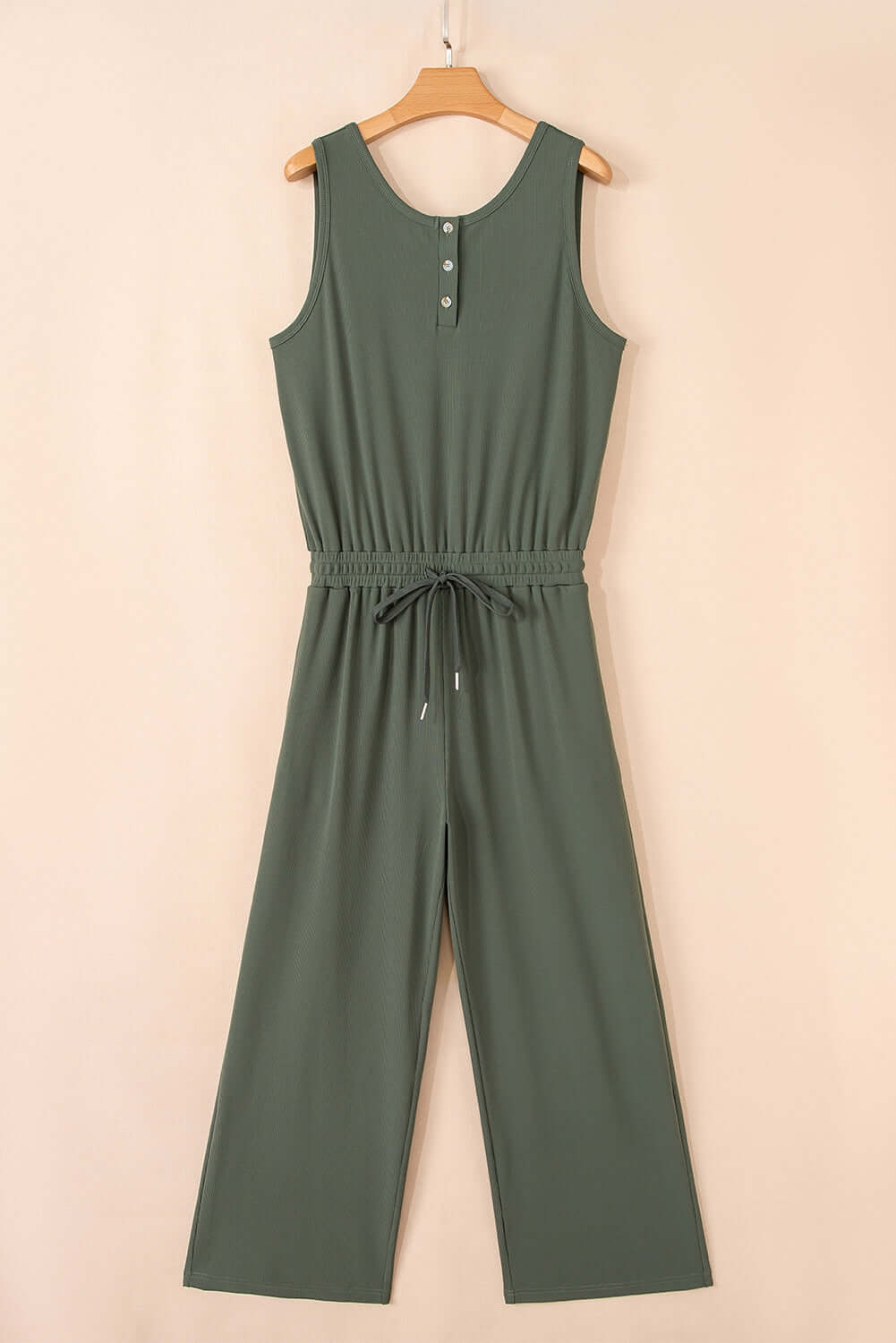 Vineyard Green Buttoned Drawstring Waist Sleeveless Wide Leg Jumpsuit - Cute Clothes Online - In Style Chics Boutique Women's Juniors 